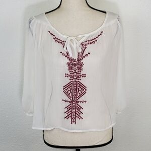FANG 3/4 Sleeve Sheer Top w/Dark Red Stitching, XS